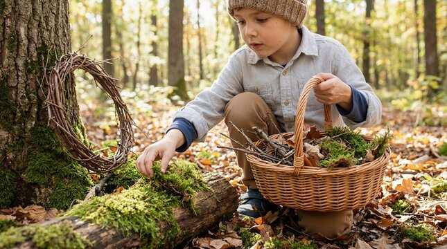 Stock photo of young boy with basket of forest finds